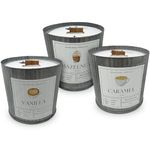 Dough Bowl Candle Co. Coffee Candle Set of 3 - Wooden Wick Candles That Crackle, Corrugated Metal Tin Set in Vanilla Latte, Hazelnut Coffee, Caramel Macchiato, 100% Soy Wax, 80 Hour Burn