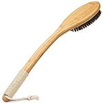 eaxun Exfoliating Back Scrubber for Shower with Curved Long Handle, 16.7 Inches Bamboo Body Brush with Natural Bristles for Wet or Dry Brushing, Body Exfoliator Back Washer Bath Tool for Men & Women