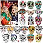 Day of the Dead Sugar Skull Tattoos(100Counts),Konsait Halloween Temporary Face Tattoos Sugar Skull Puppy Black Skeleton Web Red Roses Tattoo for kids Boys Girls Mexican Halloween Party Favor Supplies