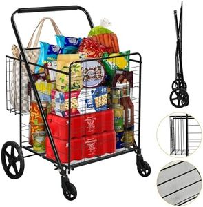 DWVO Super Jumbo Folding Shopping Cart Heavy Duty, Rolling Foldable Grocery Cart with Wheels, Portable Collapsible Utility Cart with Double Basket for Shopping Groceries Laundry Storage