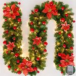 Christmas Garland with LED Lights, 2.7M (9ft) Artificial Rattan Xmas Wreath Front Door Hanging Garland for Fireplaces Stairs Home Decorated Christmas Ornament Decoration (Red)