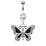 Pierced Owl - 14GA Stainless Steel CZ Crystal Butterfly Dangling Belly Button Ring, Metal, cubic-zirconia