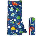 UOMNY Nap Mat for Toddler Boys - 1 Pack 100% Cotton Dinosaur Printed Sleeping Bag with Removable Pillow - Boys Napper for Daycare Blue Dino Preschool Nap Sack Travel Sleeping Mat