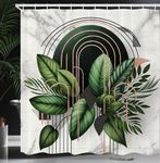 Ambesonne Boho Shower Curtain, Contemporary Design Mid Century Modern Roundy Lines and Leaves Exotics, Cloth Fabric Bathroom Decor Set with Hooks, 69" W x 70" L, Fern Green Off White Tan