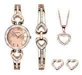 SEKONDA Womens 26mm Stone Set Rose Gold Watch Gift Set with Heart Bracelet Earrings and Necklace