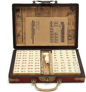 Classic Chinese Mahjong Game Set, 144 Piece Retro Elegant Wooden Case Portable Carry Clear Word Centuries-Old Culture, for Home Party Game Friend