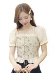 ICW Women Korean Retro Style Vintage Floral Jacquard Lace-Up Off-The-Shoulder Smock Half Puff Sleeve Ruffled Crop Blouse Corset Top Dn956 (Off-White)