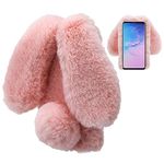 LCHDA Samsung Galaxy S6 Rabbit Case,Samsung Galaxy S6 Rabbit Fur Case Bunny Ear Phone Case For Girls Fuzzy Cute Warm Winter Soft Furry Fluffy Ball Fur Hair Plush Protective TPU Bumper Skin Cover-Pink