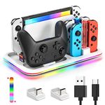 RGB Switch Controller Charger for Nintendo Switch & OLED with Led Light, Switch Charger Compatible with Joycon and Pro Controller, Switch Charging Station Dock Organizer with 8 Game Slots & USB Cables