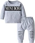 Infant Baby Boys Clothes Set Long Sleeve Tops Sweatsuit MINI BOSS Letter Print Tops Long Pants Outfit Sets Two-Piece Suit (12-18 Months) Grey