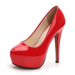 OCHENTA Women's Round Toe Stiletto High Heel Platform Slip On Pumps for Party Evening PU Red1 Size 46 - UK 10.5