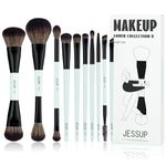 Jessup Makeup Brushes Set 10pcs, Double Sided Foundation Contour Blush Highlight Blending Eyebrow Brush Eyeshadow Eyeliner Concealer Brush, Bright Cyan Cruelty Free Cosmetic Tools T500