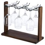 MyGift Modern Burnt Brown Solid Wood and Matte Black Metal Wire Tabletop Wine Glass Holder, Countertop Drying Rack for Drinking Glasses, Goblets, Flutes