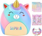 Piggy Bank Girls Unicorn Piggy Banks Cute Unbreakable Resin Coin Money Bank with Stickers Bracelet Set for Kids Toddlers, Periwinkle Turquoise Rainbow