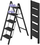 JOISCOPE 5 Step Ladder, Iron Folding Step Stool with Wide Anti-Slip Thickened Pedal, Multi-Use Ladder for Kitchen, Household, and Office, 600 Lbs Capacity, Black