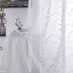 Sheer Curtains White 45 Inches Long Floral Embroidery Rod Pocket Voile Drapes for Living room, Bedroom, Window Treatments Semi Lace Outdoor Curtain Panels for Yard, Kitchen, Villa, Set of 2, 52"x 45".