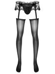FEESHOW Mens Suspender Pantyhose Low Waist Bulge Pouch Skirt Stockings Footed Leggings Underwear Black One Size