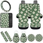 FUIBENG 12 Pack Green Groovy Flower Car Seat Cover Sets Abstract Hippie Floral Seat Cushion for Women，Non Slip Coaster +15Inch Steering Wheel Covers Safety Seatbelt Keychains Decor Accessories