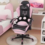 PULUOMIS Gaming Chair, Cute Adult Gaming Chair with Footrest, Computer Office Chair with USB Massage Lumbar Support, 150°Adjustment, Home Office Chair with Headrest, Pink