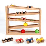 Joqutoys Wooden Car Ramp Toy for Toddlers, 5 Level Race Track Toy Marble Run Game with 4 Cars 3 Balls, Perfect Toddler Toys Gift for Kids Boys Girls