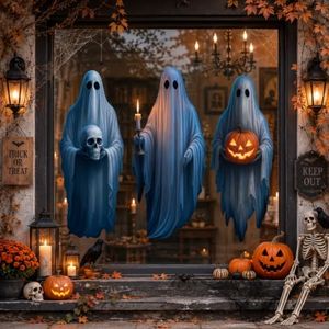 Halloween Window Clings Decorations - 34" Large Double Sided Ghost Decor Window Clings Decals with Pumpkins Candle Skull, Spooky Scary Vintage Halloween Home Decoration for Glass Mirror, 3 Sheets
