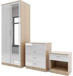 PALAKLOT High Gloss Bedroom Furniture Sets for Bedroom Storage 2 Door Wardrobe with Mirror and 4 Drawer Chest and Bedside Cabinet (Wardrobe+Chest+Bedside) (White with Sonama Oak)