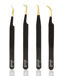 SIVOTE Fiber Tips Professional Volume Lash Tweezers for Eyelash Extensions with Diamond Grip, Set of 4, Black