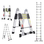 BOWEITI 14.5FT Telescoping Ladder,Telescoping A Frame Ladder with Balance Bar and Movable Wheel,Household Use Folding Ladder,Multi-Purpose Collapsible Ladder for Outdoor Work