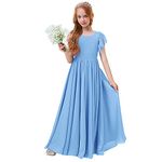 Junior Flower Girl Dresses for Wedding, Short Sleeve Lace Chiffon Dress with Belt Girls Bridesmaid Communion Baptism Party Dance Prom Gown Flowy Long Dress for Kids Blue - lace 13-14 Years