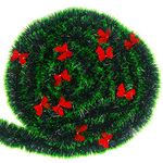 LOKIPA Christmas Tinsel Decorations,33 Feet Green Chunky Xmas Tinsel Garland with Bows for Christmas Tree