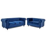 Bravich Velvet Chesterfield Sofa- Blue. Two & Three Seater Sofa Set, Soft Plush Fabric Couch. Living Room Furniture, Easy Clean. 2+3 Seater