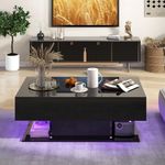 Giantex Modern LED Coffee Table - 2-Tier Center Table w/ 2 Storage Drawers, Adjustable Brightness & Speed, 20-Color Light, 43.5''L Rectangular High-Gloss Finished Table for Living Room (Black)