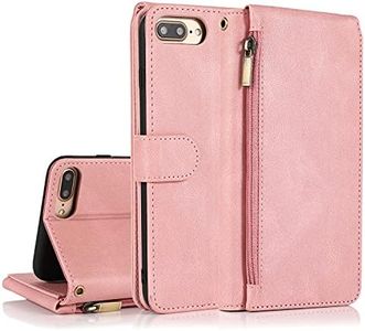 GoshukunTech for iPhone 6 Plus/6s Plus Case,for iPhone 7 Plus/8 Plus Case[ 8 Card Slots & 1 Zipper Coin Purse] Leather Wallet Flip Cover with Wrist Starp for iPhone 6 Plus/6s Plus/7 Plus/8 Plus-Pink