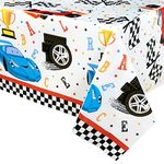 WERNNSAI Racing Car Tablecloth - 108" x 54" Racing Party Supplies Table Decor Disposable Table Cover Plastic Checkered Tablecloth for Kids Boys Race Birthday Sports Party Decorations