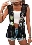 Verdusa Women's Floral Crochet Hollow Out Sleeveless Fringe Cardigan Vest Black Medium