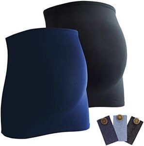 Mamaband - Banda elástica para el vientre de maternidad en paquete doble + 3 unidades de extensión para vaqueros, calentador de espalda y extensión de camiseta para embarazadas, color negro y azul