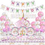 Unicorn Birthday Party Decorations for Girls, Unicorn Party Supplies Includes 16 Plates Napkins Cups Straws Bags Balloons, Unicorn Banner, Table Cloth, Cake Topper, Headband