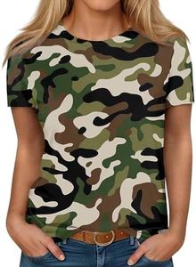 Women's T-Shirts Crew Neck Shirt for Women Summer Oversized Loose Casual Retro Top Fashion Camouflage Print Crew Neck Short-Sleeved Shirt Tee Tops for Women 2024 Green M