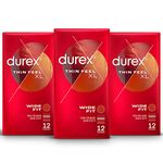 Durex Thin Feel XL Condoms for Enhanced Feeling and Sensitivity, Extra Large Condoms, Pack of 3 x 12 Condoms, Total 36 Condoms