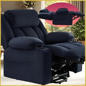 Cfvyne Triple Motor Large Power Lift Recliner Chair for Elderly, 180° Lay Flat Lift Chairs Recliners, Infinite Position, Power Headrest, Heat & Massage, Extended Footrest, Plush Flannel (Blue)