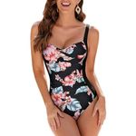 WIN.MAX One Piece Swimming Costume Tummy Control Swimsuit Ruched Padded Swimwear, Plus Size Bathing Suits for Women Vintage Push Up Monokinis for C to DD Cup (Floral Black,UK14)