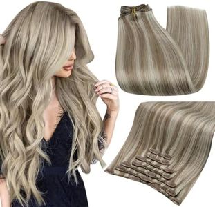 Full Shine Hair Extensions Clip in Human Hair Ash Brown Highlights Platinum Blonde Color 8 and 60 Clip in Extensions Remy Hair 7 Pieces 105 Grams 16 Inch