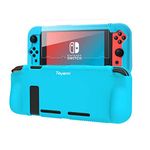 Teyomi Protective Silicone Case Compatible with Nintendo Switch, Grip Cover with Tempered Glass Screen Protector, 2 Storage Slots for Game Cards, Shock-Absorption & Anti-Scratch (Blue)