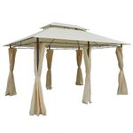 Outsunny 4m x 3(m) Garden Gazebo, Double Roof Outdoor Gazebo Canopy Shelter with Curtains, Solid Steel Frame for Lawn and Deck, Beige
