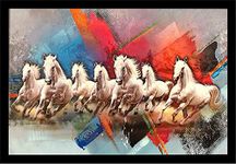 LIFEHAXTORE ® Wood Seven Lucky Running Vastu Horses Art Framed Painting Ready to hang - (White, 12inch x 18 inch)