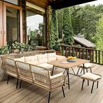 LOCCUS Patio Furniture Set, 5 Pieces Porch Backyard Garden Outdoor Furniture Rope Sofa Set and Wooden Top Table Conversation Set in Beige Color.