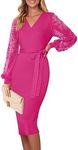 MEROKEETY Sweater Dress for Women 2024 Bishop Sleeve V Neck Semi Formal Business Work Pencil Dresses, Rose, X-Large