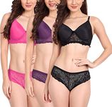 FIMS - Fashion is my style Women Cotton Floral Lace Padded, Non-Wired, Full Coverage, Seamless Bra Panty Set, Pack of 3 Lingerie Set, Black Rani Purple, Cup- B, Size- 40