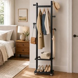 Taitiy Coat Rack, Freestanding Coat Rack, Heavy Duty Clothes Rack, wood Coat Tree Stand Hat Hanger Racks with Wheels Rack for Corner Bedroom Entryway Living Room Hotel (Black)