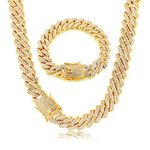 HAIAISO Gold Cuban Link Chain Iced Out for Men 14MM Miami Cuban Link Choker Necklace Bracelet 18K Gold Plated Bling Diamond Chain Bracelet Hip Hop Jewelry for Men Women (56CM)